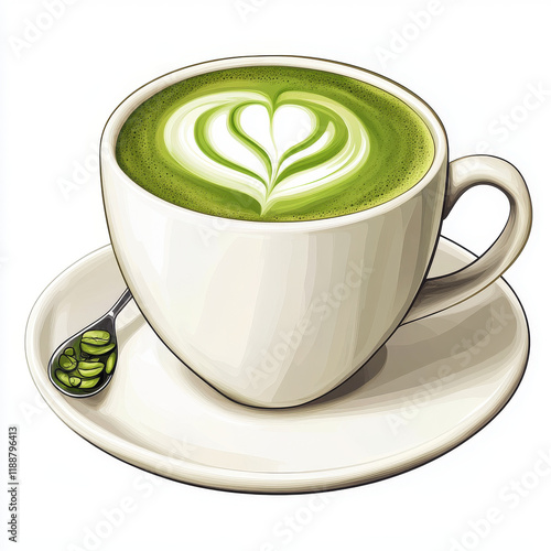 Aromatic Matcha Latte with Heart Art, served in elegant cup and saucer.