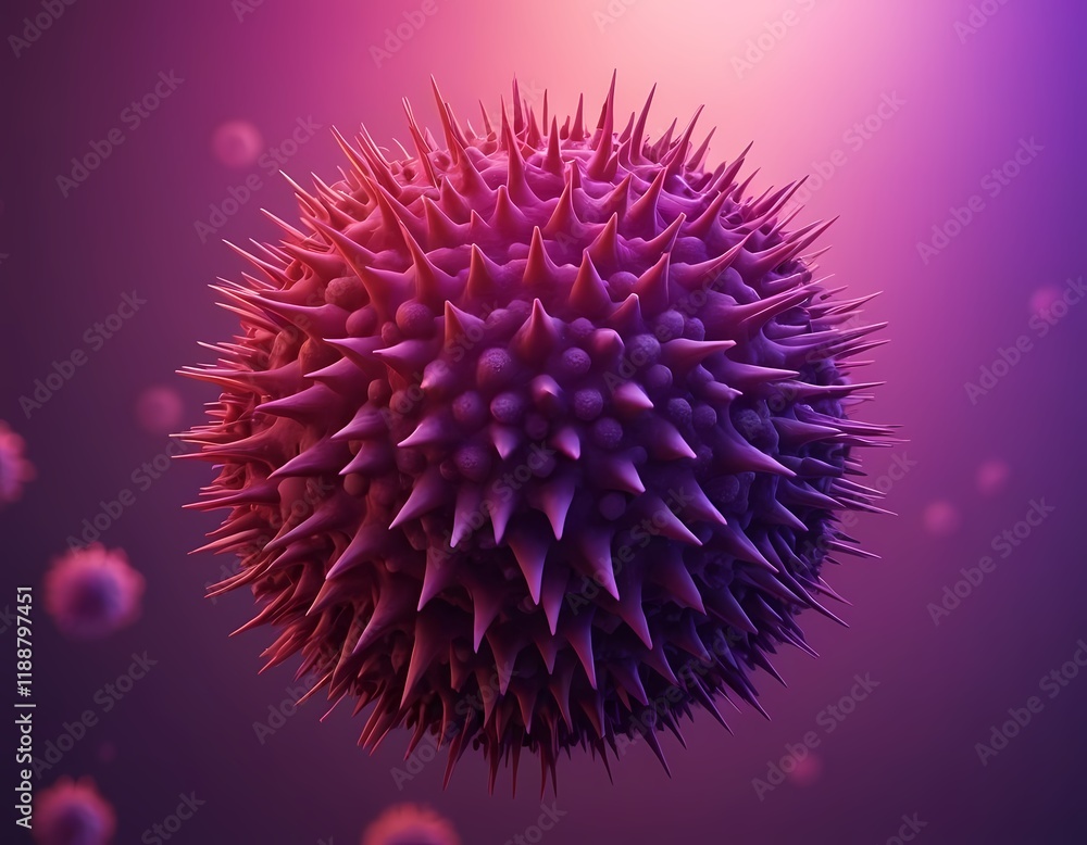 3D Microscopic Virus Particle with Spiky Proteins in Red and Purple Glow, COVID, PANDEMIC 3D Microscopic Virus Particle with Spiky Proteins in Red and Purple Glow, COVID, PANDEMIC