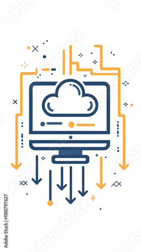 Illustration depicting cloud computing A desktop monitor displays a cloud icon with multiple download arrows indicating data access and storage from the cloud photo