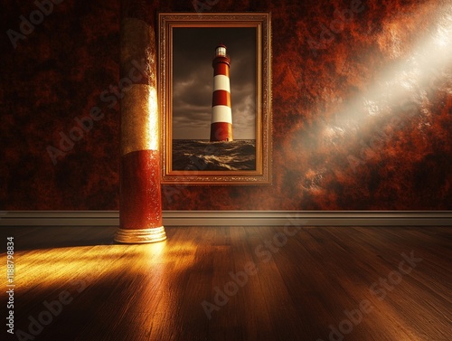 A powerful lighthouse stands framed on wall, illuminating room with warm light. stormy sea adds dramatic touch to scene photo