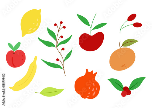 set of fruit with leaf 