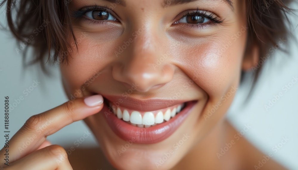 A close-up portrait of a young woman with a joyful smile, showcasing her flawless skin and bright white teeth. Her expressive eyes and playful gesture create an inviting atmosphere, radiating A close-up portrait of a young woman with a joyful smile, showcasing her flawless skin and bright white teeth. Her expressive eyes and playful gesture create an inviting atmosphere, radiating