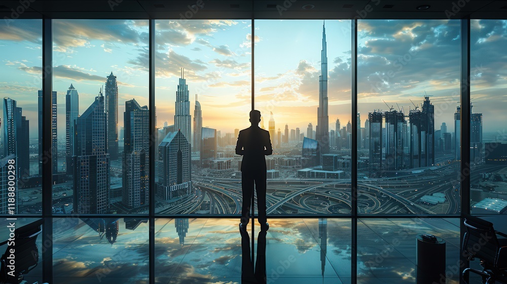 Businessman silhouetted against a cityscape sunrise viewed from a high-rise office. Businessman silhouetted against a cityscape sunrise viewed from a high-rise office.