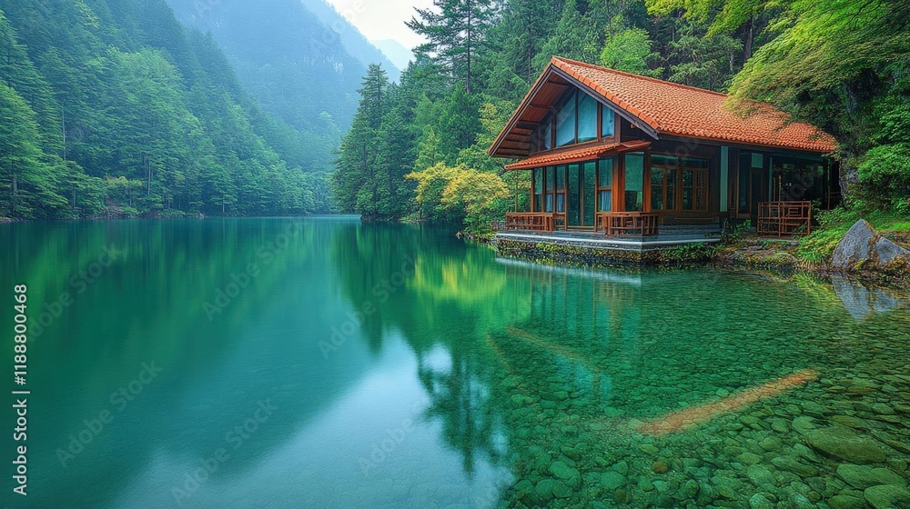 Secluded Lake House nestled among lush greenery and mountains, reflecting in the clear water Secluded Lake House nestled among lush greenery and mountains, reflecting in the clear water