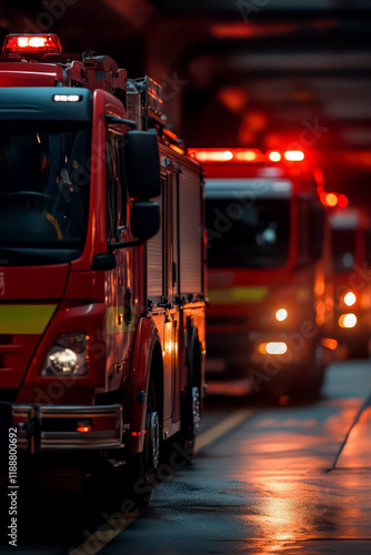 Brave firefighters in action honoring international firefighters' day with fire trucks and safety lights. Vertical banner. Copy space. Dangerous and risky professions, rescue service
