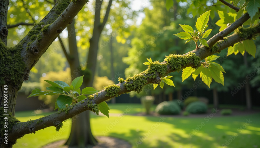 Fototapeta premium Close-up of a moss-covered tree branch with vibrant green leaves in a serene garden setting 