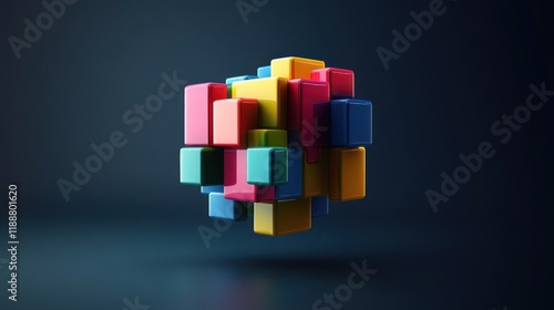 Colorful 3D cubes cluster in dark background.