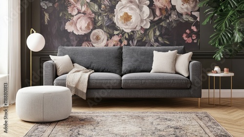 Cozy grey couch with blanket in living room, featuring floral wallpaper and a table lamp. Real photo. photo