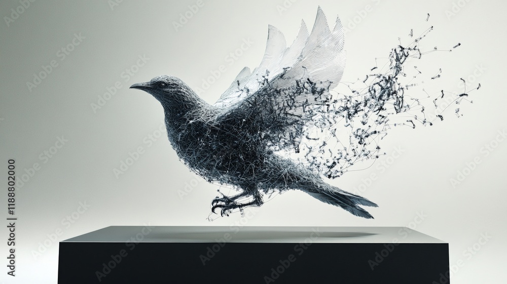 Fototapeta premium An intricate sculpture of bird in flight, composed of delicate wire strands, captures essence of freedom and creativity