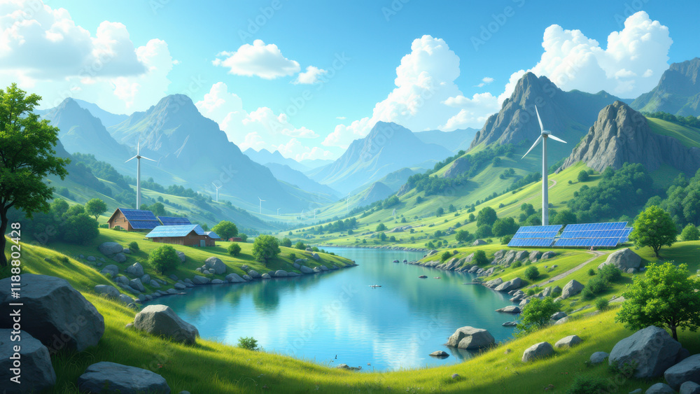A serene landscape featuring sustainable energy sources amidst a picturesque valley with green mountains. A serene landscape featuring sustainable energy sources amidst a picturesque valley with green mountains.