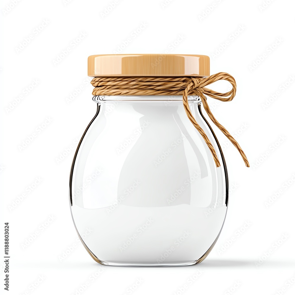 A rustic glass jar filled with white substance, topped with a wooden lid and tied with natural twine for a cozy look. A rustic glass jar filled with white substance, topped with a wooden lid and tied with natural twine for a cozy look.