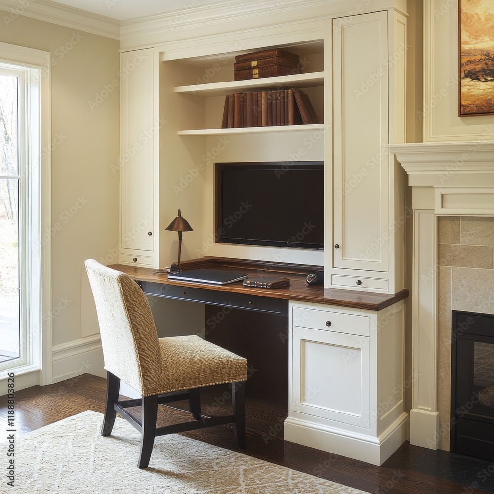 Built-in Home Office Desk with Bookshelves and TV Built-in Home Office Desk with Bookshelves and TV