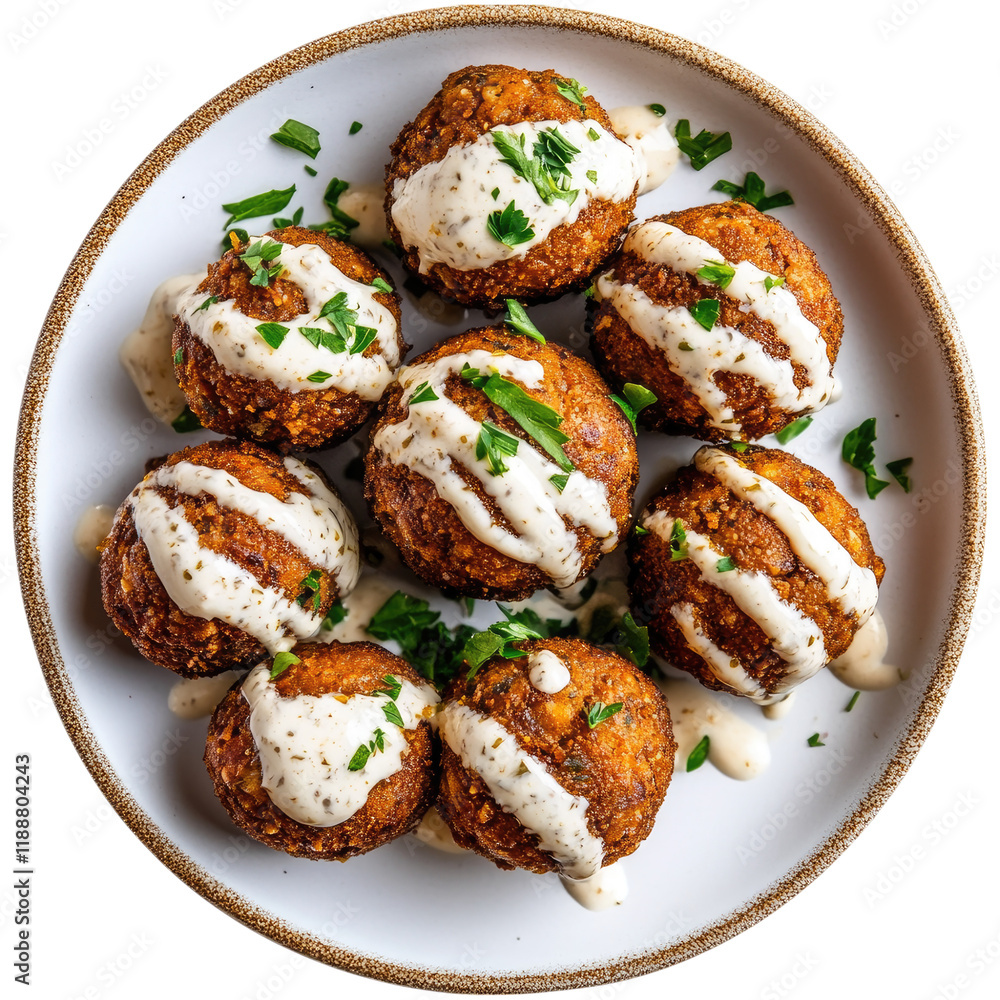Crispy falafel with yogurt dip and parsley isolated on white or transparent PNG Crispy falafel with yogurt dip and parsley isolated on white or transparent PNG