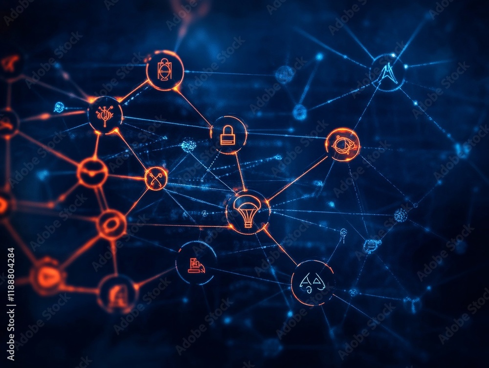 A Digital network connections with icons representing technology and security A Digital network connections with icons representing technology and security