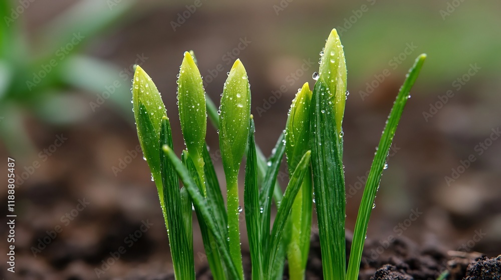 Freshly Emerged Green Shoots with Water Droplets on Soft Background Freshly Emerged Green Shoots with Water Droplets on Soft Background