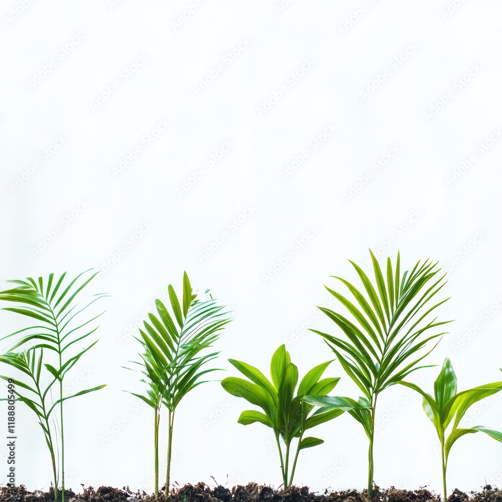 Obraz premium Various young plants of different species are arranged in a neat row, showcasing their lush green leaves. They are rooted in dark soil against a bright white background