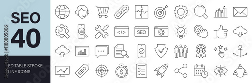 SEO Vector icon set. Search Engine Optimization Line Editable Icons set. Vector illustration in modern thin line style of technology icons: web development, strategy, optimization, target and more.