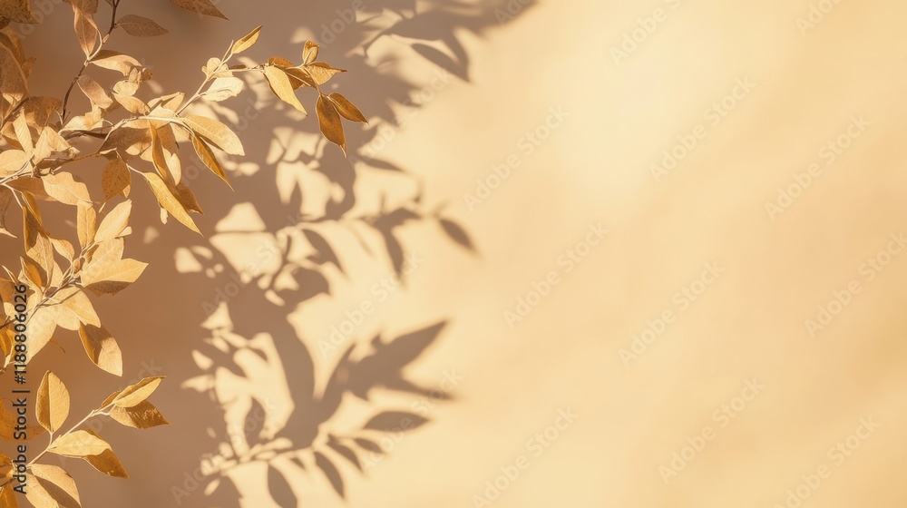 Naklejka premium Dried leaves with a golden hue are silhouetted against a soft, warm-toned wall, casting intricate patterns of shadows. This natural display evokes a serene autumn atmosphere