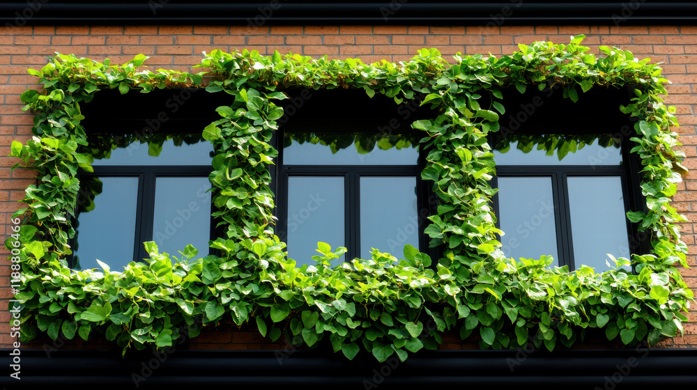 Green vines frame modern windows on brick building facade Green vines frame modern windows on brick building facade