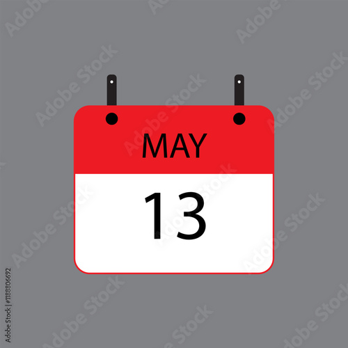 Calendar icon with date 13 of may on grey background. Vector schedule symbol.