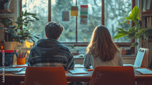 A parent sitting at a desk with their child, both focused on a math homework assignment, with books, notebooks, and a pencil case neatly arranged on the table photo