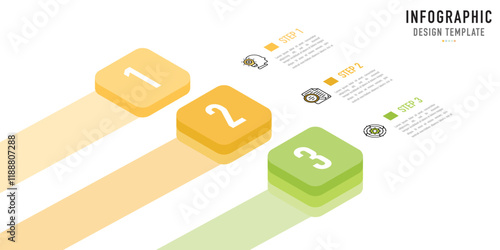 Rectangular isometric infographic template or element with 3 step, process, option, colorful rectangle, bar, column, arrow, minimal style, slide