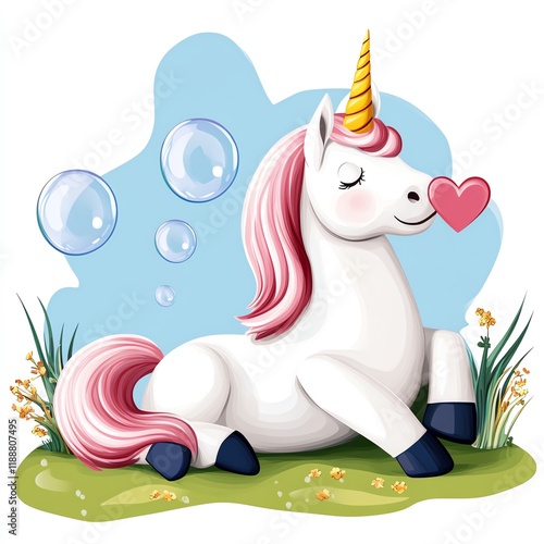 A whimsical unicorn with pink mane and bubbles, enjoying a playful and magical moment in a vibrant setting. photo