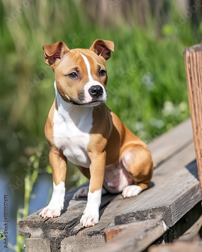 Adorable Puppy Dog Sitting on Wooden Bench Outdoors Sunny Day