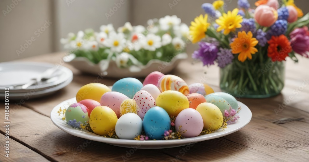 A plate filled with colorful Easter eggs and spring flowers, decorative centerpiece, seasonal decor A plate filled with colorful Easter eggs and spring flowers, decorative centerpiece, seasonal decor