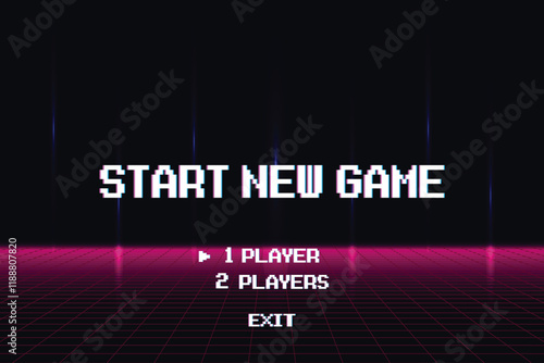 START NEW GAME. 1 player. pixel art .8 bit game. retro game. for game assets .Retro Futurism Sci-Fi Background. glowing neon grid. and stars from vintage arcade computer games