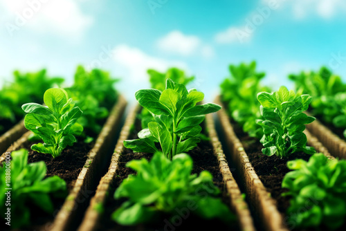 Growing fresh greens vegetable farming in a lush garden close-up view of healthy plants under clear skies photo