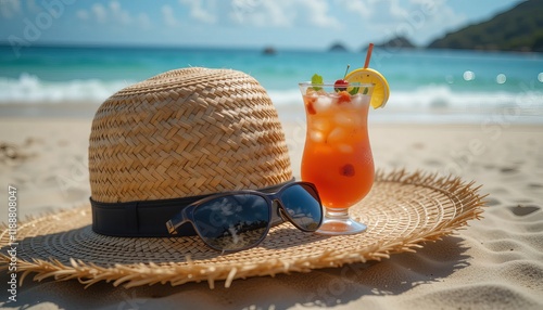 Straw hat with a exotic cocktail and sunglasses on sand beach