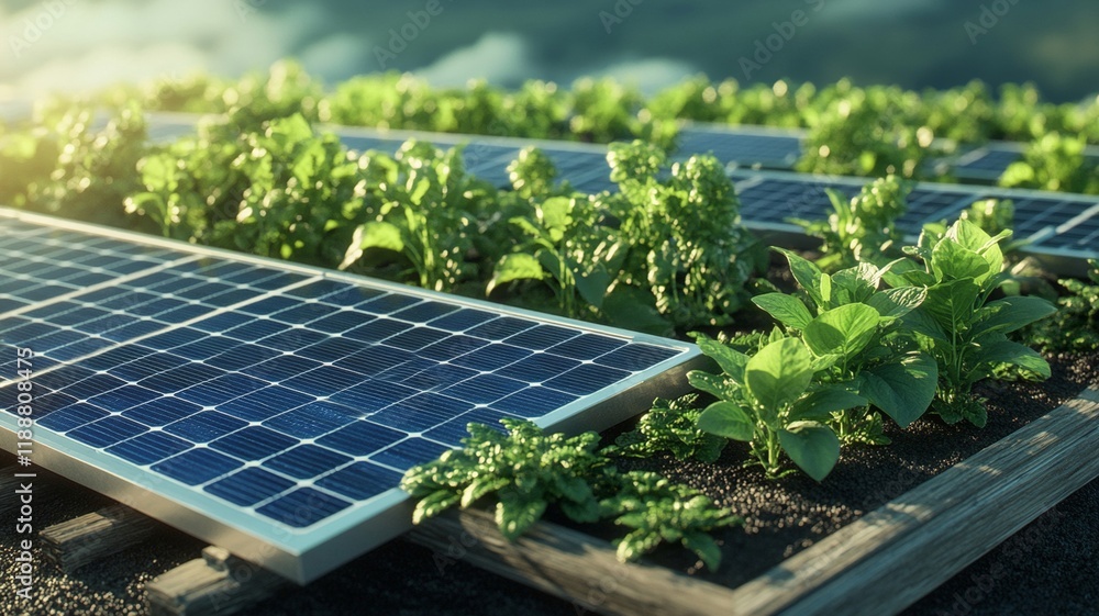Fototapeta premium A thriving rooftop garden with solar panels and lush green plants