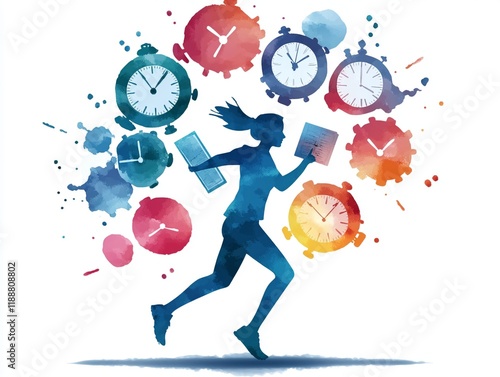 A person running with books and clocks symbolizes time management and multitasking