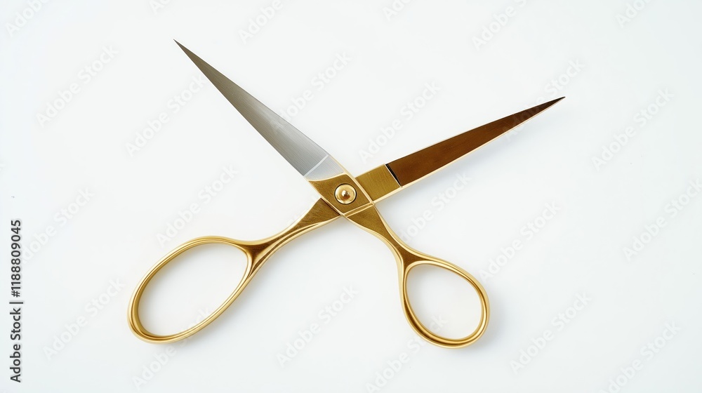 Sharp metal scissors with gold handles isolated on white background. Precision tool for cutting. Ideal for hair cutting or tailoring. Symmetrical design. Excellent quality. Sharp metal scissors with gold handles isolated on white background. Precision tool for cutting. Ideal for hair cutting or tailoring. Symmetrical design. Excellent quality.
