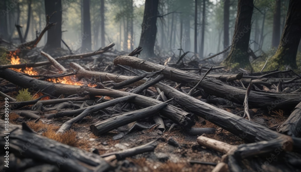 A pyre of charred and broken tree limbs on a forest floor, log pile, forest fire damage A pyre of charred and broken tree limbs on a forest floor, log pile, forest fire damage