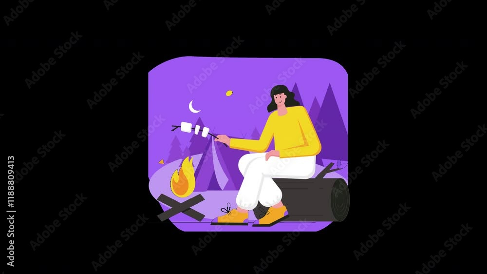 A woman roasting marshmallows over a campfire in a serene outdoor setting, embracing a cozy camping atmosphere. A woman roasting marshmallows over a campfire in a serene outdoor setting, embracing a cozy camping atmosphere.