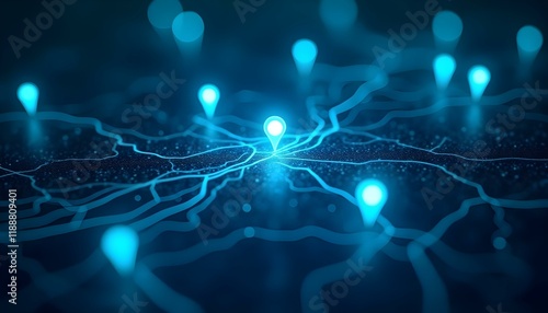 Digital map with glowing location markers highlighting urban areas and streets at night with blue tones and network patterns