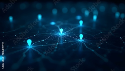 Digital map with glowing location markers highlighting urban areas and streets at night with blue tones and network patterns