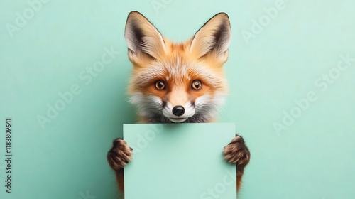 Playful Fox Cub Holding Blank Signboard on Pastel Green Background 3D photo