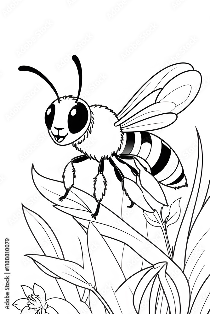 Obraz premium Cute Cartoon Bee on Flower with Detailed Line Art