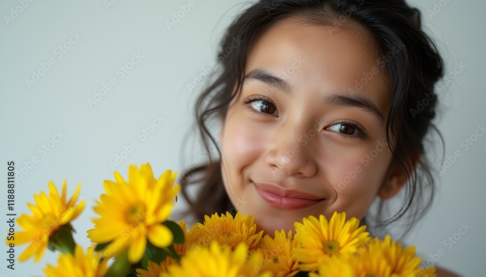 A cheerful young woman with long, wavy hair beams with happiness as she holds a bouquet of bright yellow flowers close to her face. The image radiates warmth and positivity, capturing the essence of