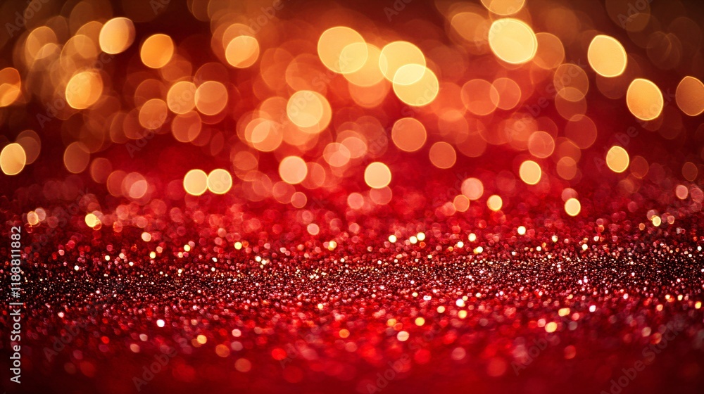 Sparkling golden glitter and lights on a blurred red background. Festive backdrop with copy space for Christmas, Chinese New Year, party, award. Magic holiday concept for design banner, greeting card Sparkling golden glitter and lights on a blurred red background. Festive backdrop with copy space for Christmas, Chinese New Year, party, award. Magic holiday concept for design banner, greeting card