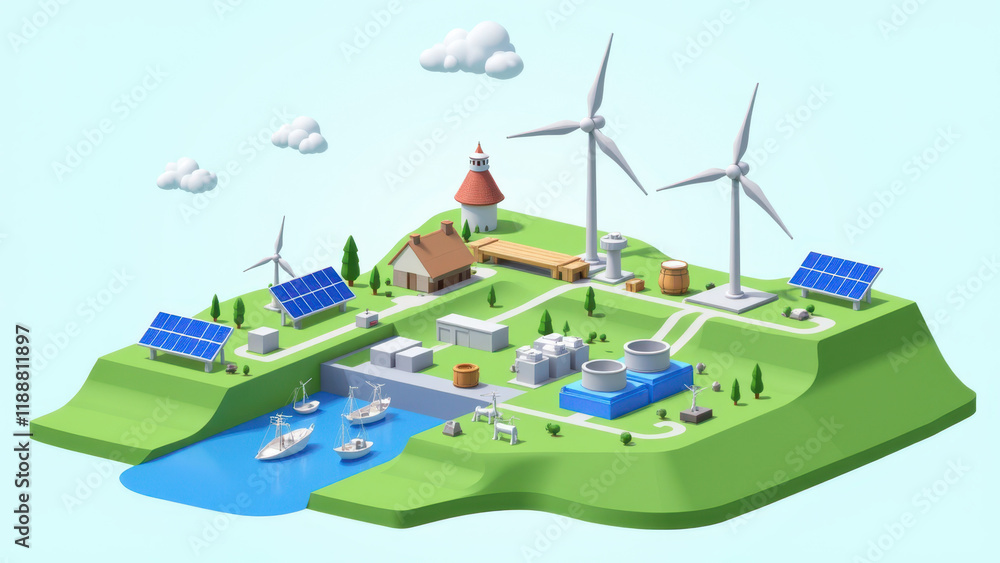 A cartoon depiction of a small island community with renewable energy sources like wind turbines and solar panels. A cartoon depiction of a small island community with renewable energy sources like wind turbines and solar panels.