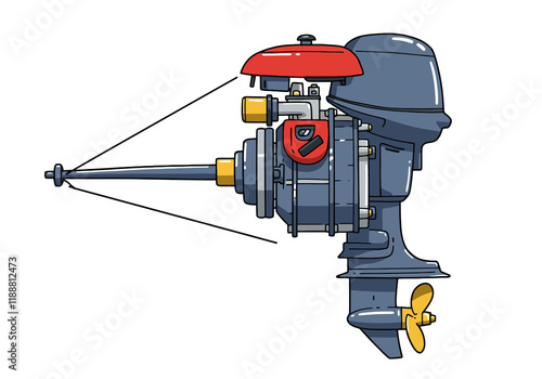 Boat Motor Clipart. A detailed illustration of an outboard motor with a propeller and various components labeled. photo