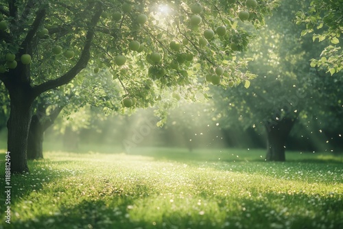 Lush green park illuminated by dappled sunlight photo