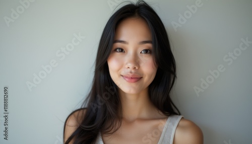 A beautiful young Asian woman with long, flowing black hair gazes warmly at the camera, exuding confidence and serenity. Her gentle smile and natural beauty create an inviting atmosphere, perfect for