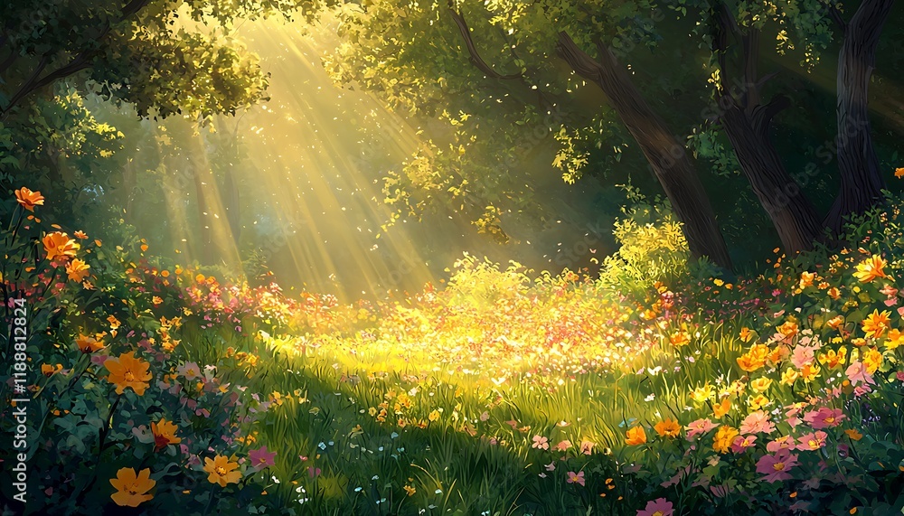Obraz premium A serene meadow with glowing flowers and golden sunlight streaming through.