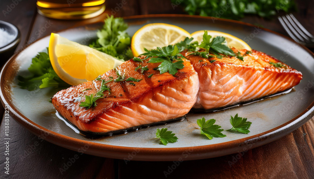 delicious grilled salmon fillet garnished with fresh parsley and lemon slices served on a rustic plate delicious grilled salmon fillet garnished with fresh parsley and lemon slices served on a rustic plate