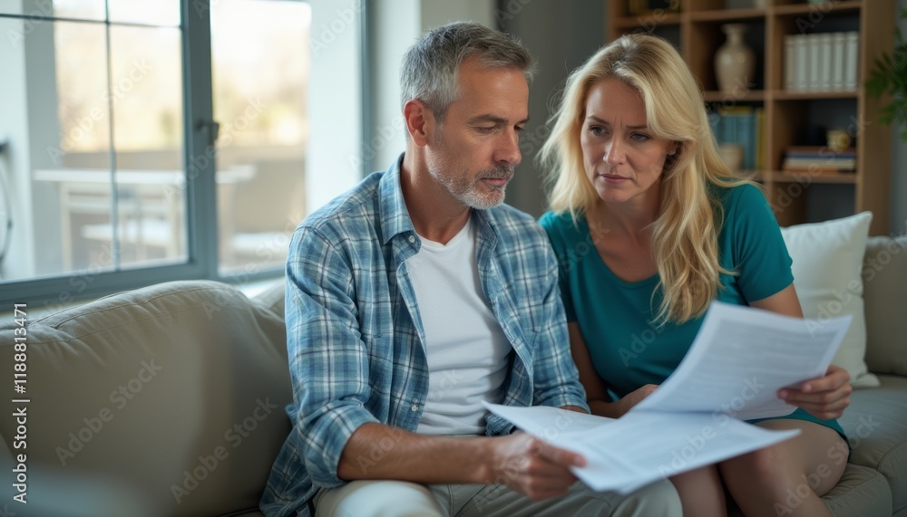 A middle-aged couple, a man with gray hair and a woman with long blonde hair, sit closely on a cozy sofa, intently reviewing important documents. Their focused expressions convey a sense of